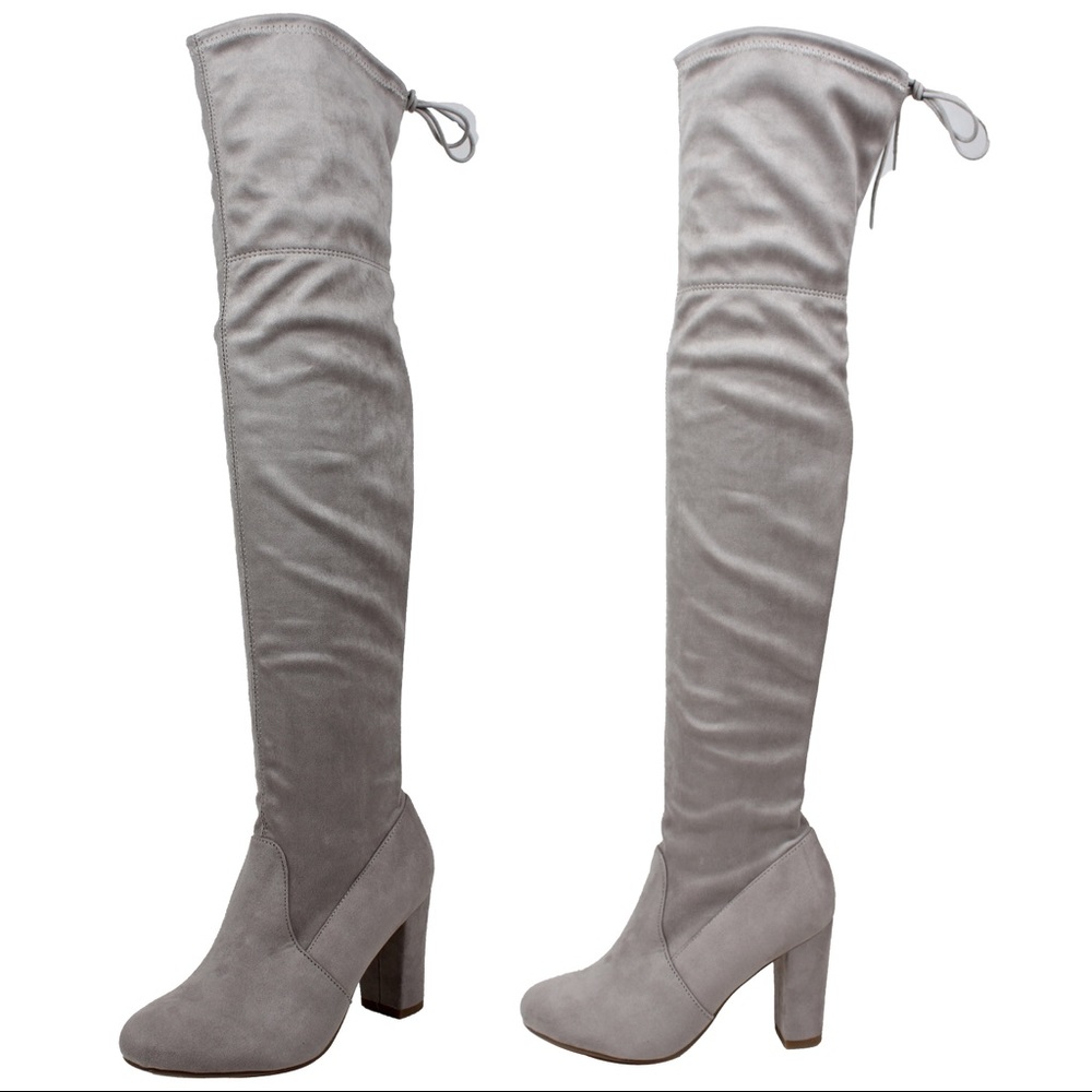 Grey Over the knee back tie block heel boot